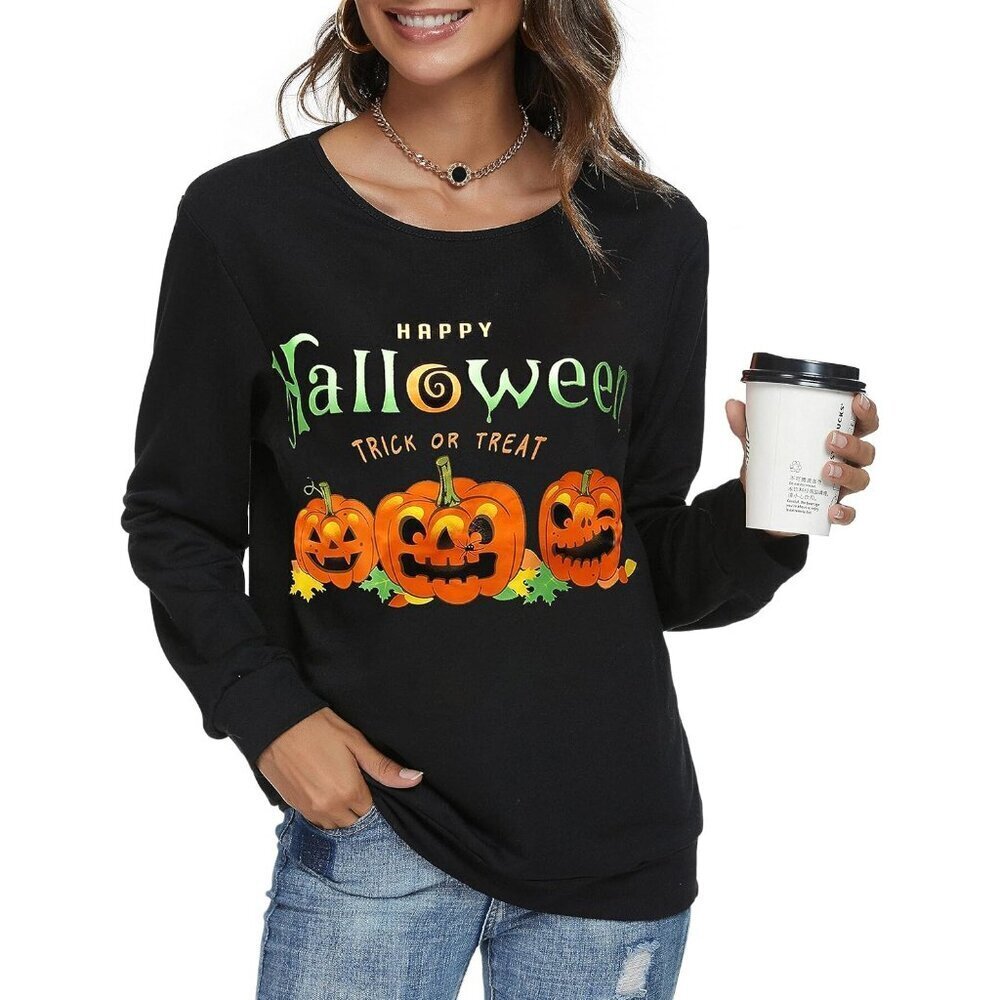 Women's Halloween Pumpkin Face Sweatshirt Long Sleeve Casual Costume Top